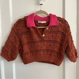Zara Crochet Knit Cropped Short Sleeve Sweater, M